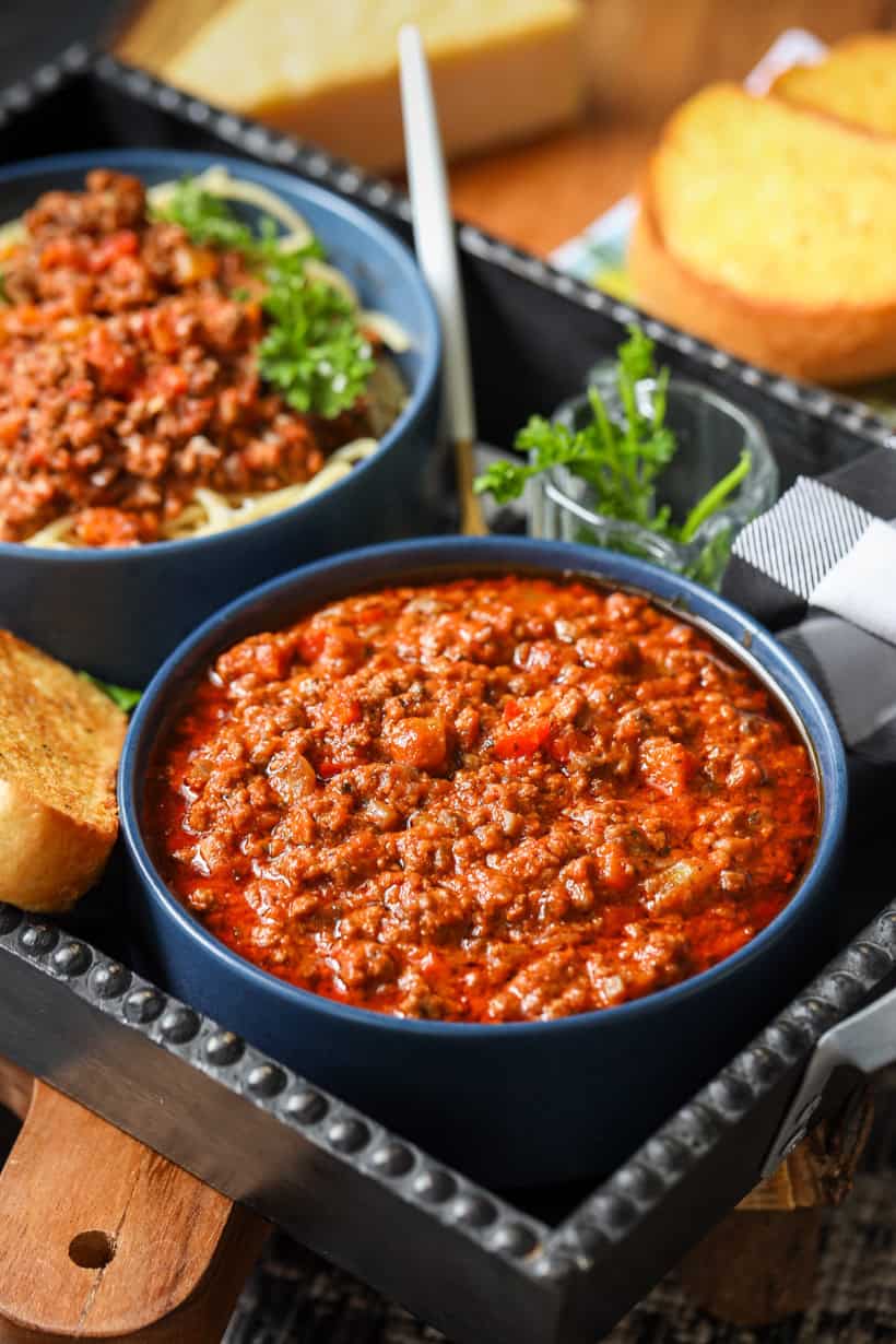 Beef Bolognese in blue plate