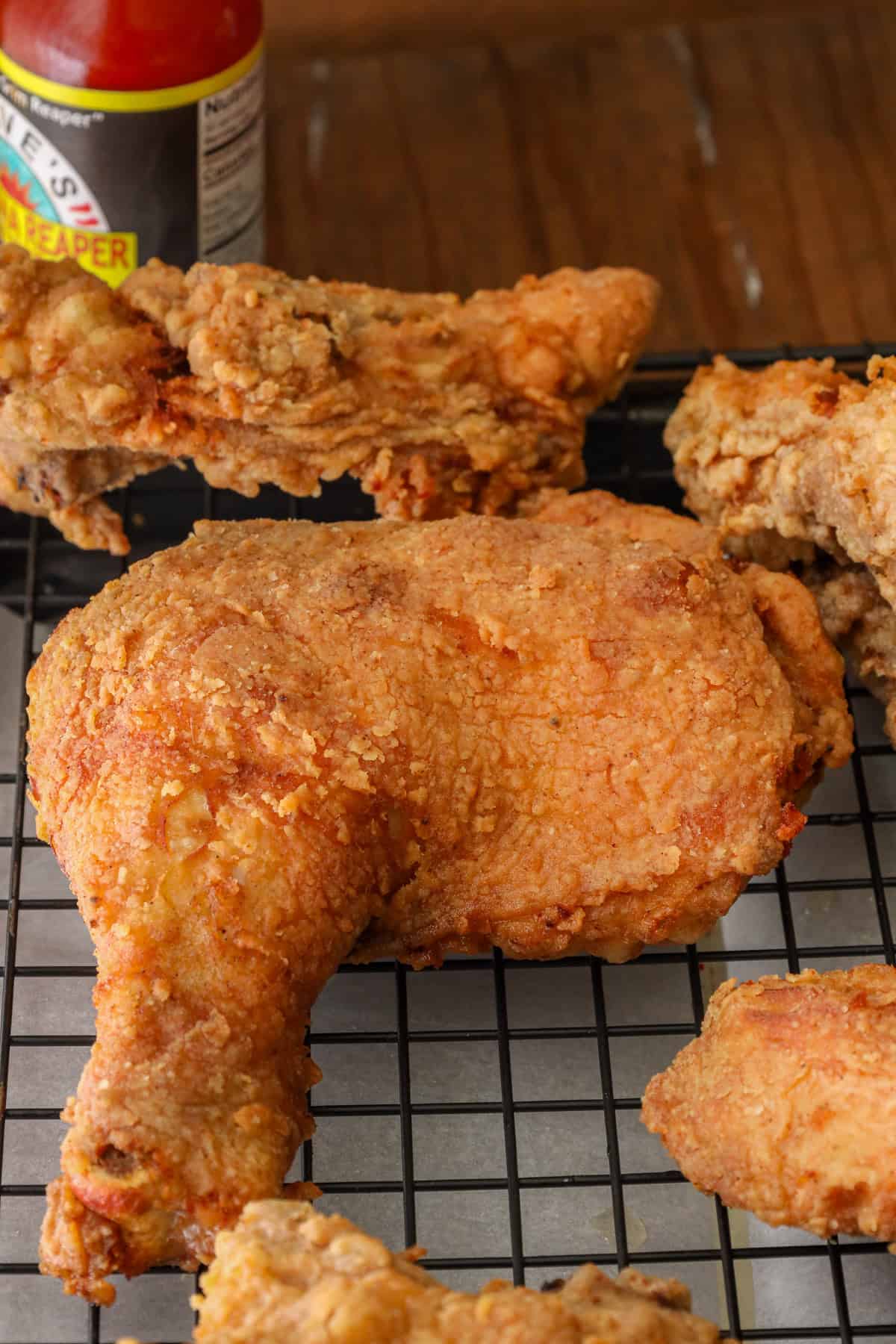 Crispy Fried Louisiana Fried Chicken on cooling rack