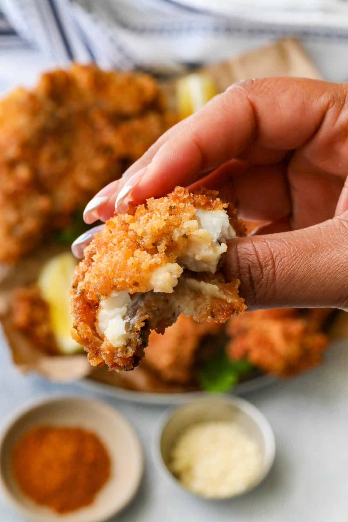 hand holding fried catfish pieces 