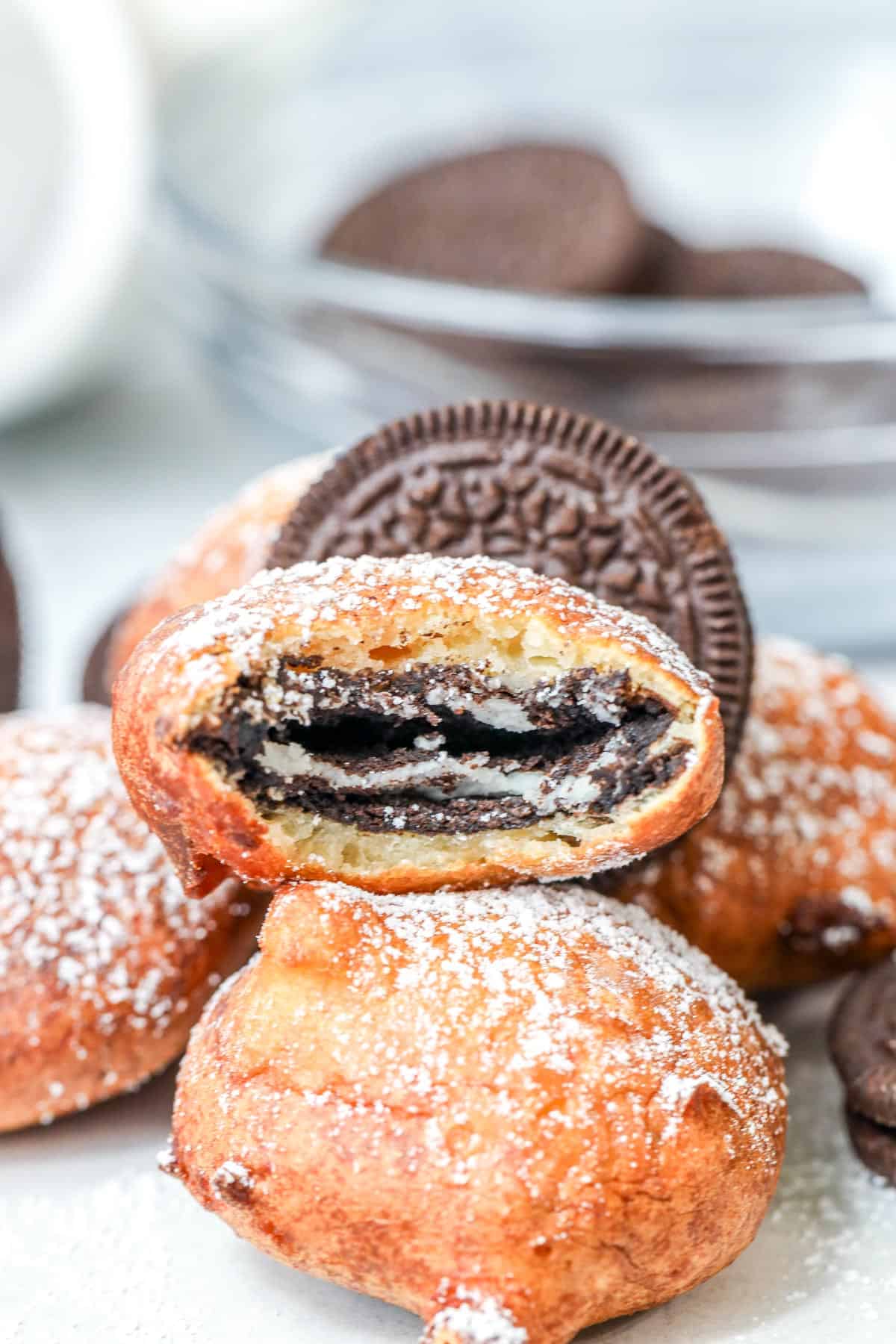 deep fried Oreos stacked up