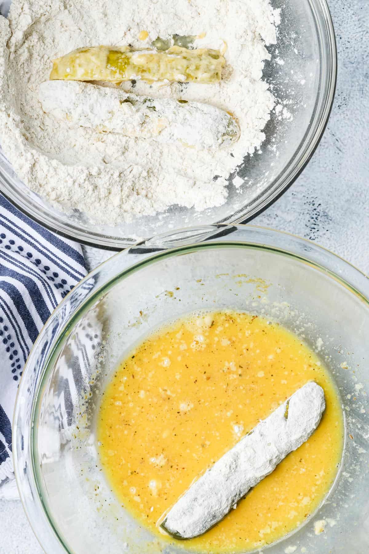 pickle spear in egg mixture and in flour mixture