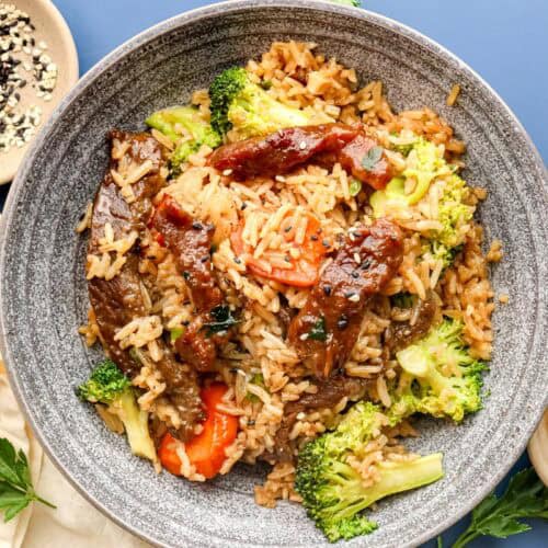 Beef and Broccoli Fried Rice topped with sesame seeds