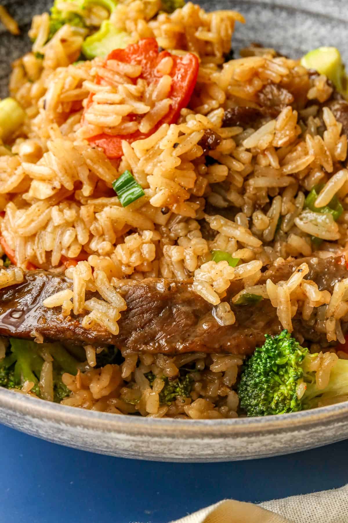 Beef and Broccoli Fried Rice topped with sesame seeds