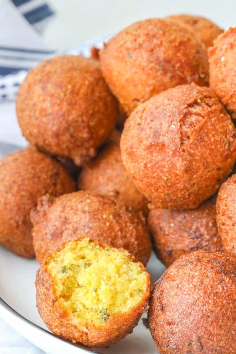 Hush Puppies Recipe with stacked and one open