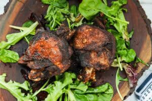 FRIED TURKEY THIGHS ON WOODEN BOARD