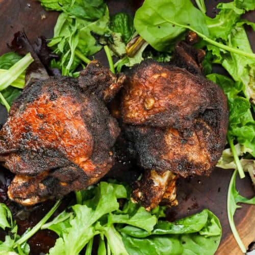 FRIED TURKEY THIGHS ON WOODEN BOARD