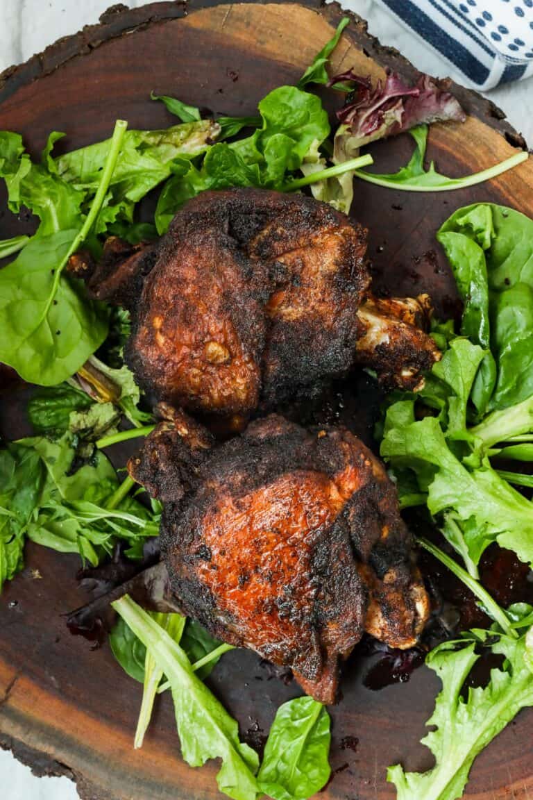 FRIED TURKEY THIGHS ON WOODEN BOARD