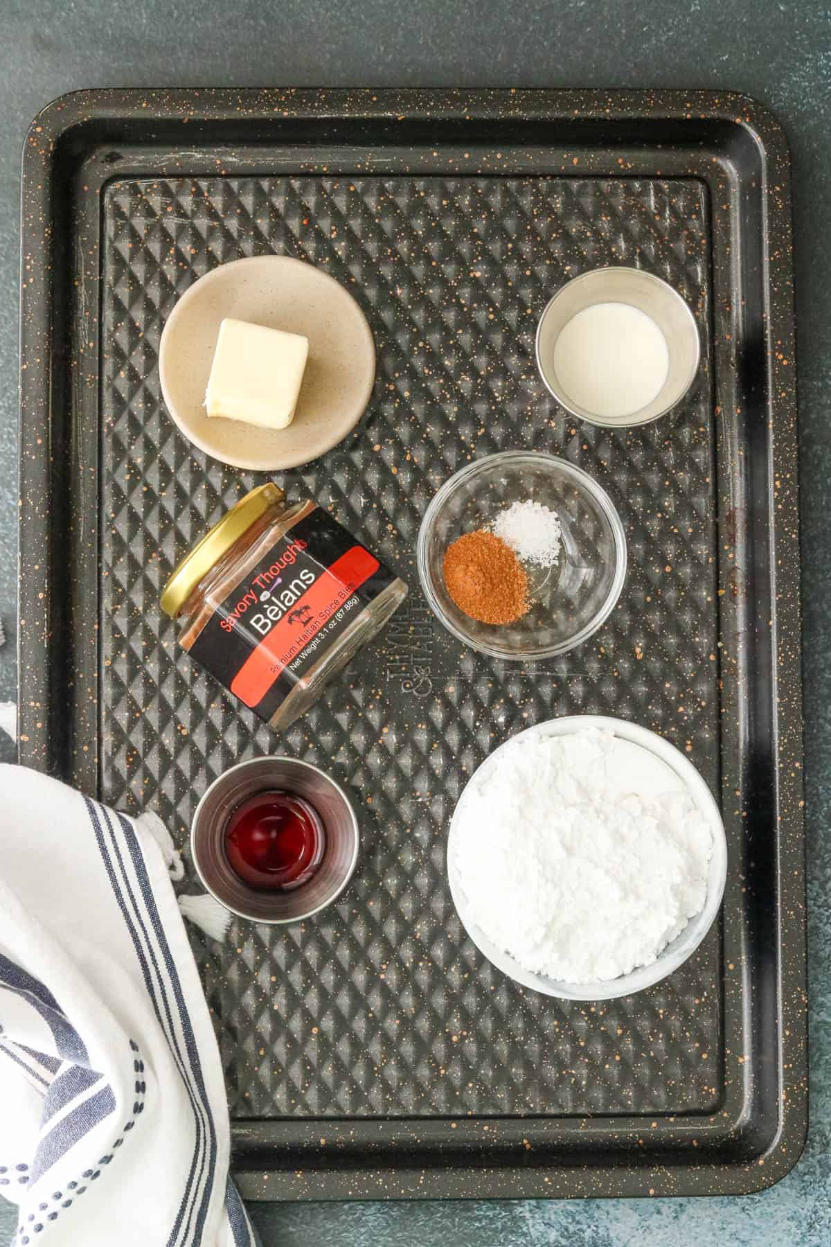 Ingredients in tray to make air fryer cookie cake