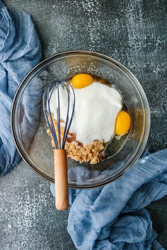 Step-by-step guide to make Air Fryer browned Butter Chocolate Chip Cookies - mixing sugar and eggs