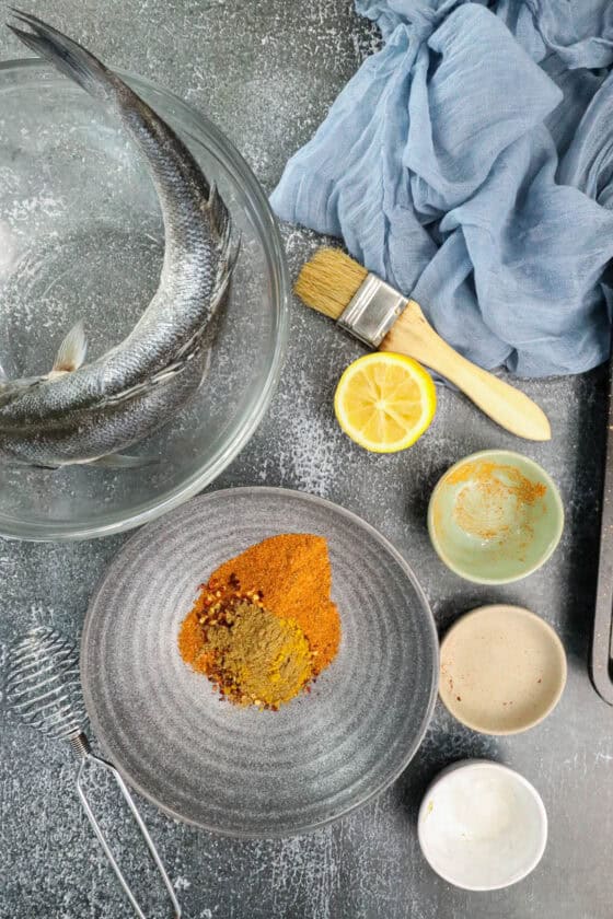 gathering ingredients for branzino recipe