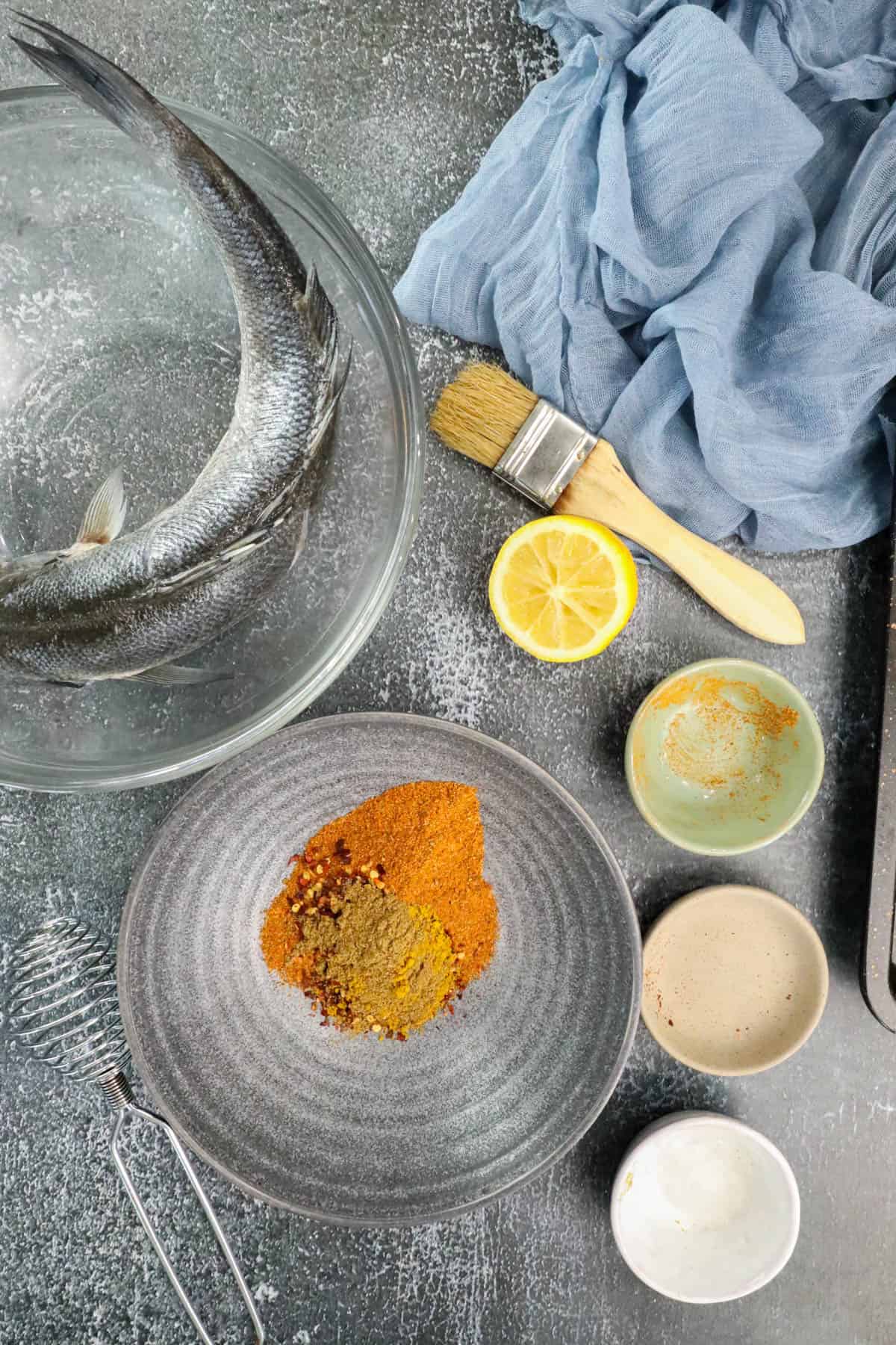 gathering ingredients for branzino recipe