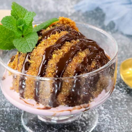 the best homemade fried ice cream topped with chocolate syrup and garnished with mint leaves