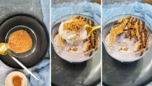 Ice cream in bowl topped with chocolate syrup