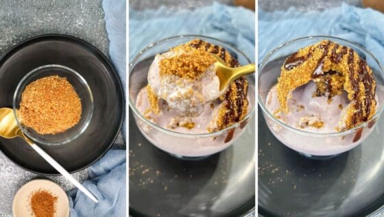 Ice cream in bowl topped with chocolate syrup 