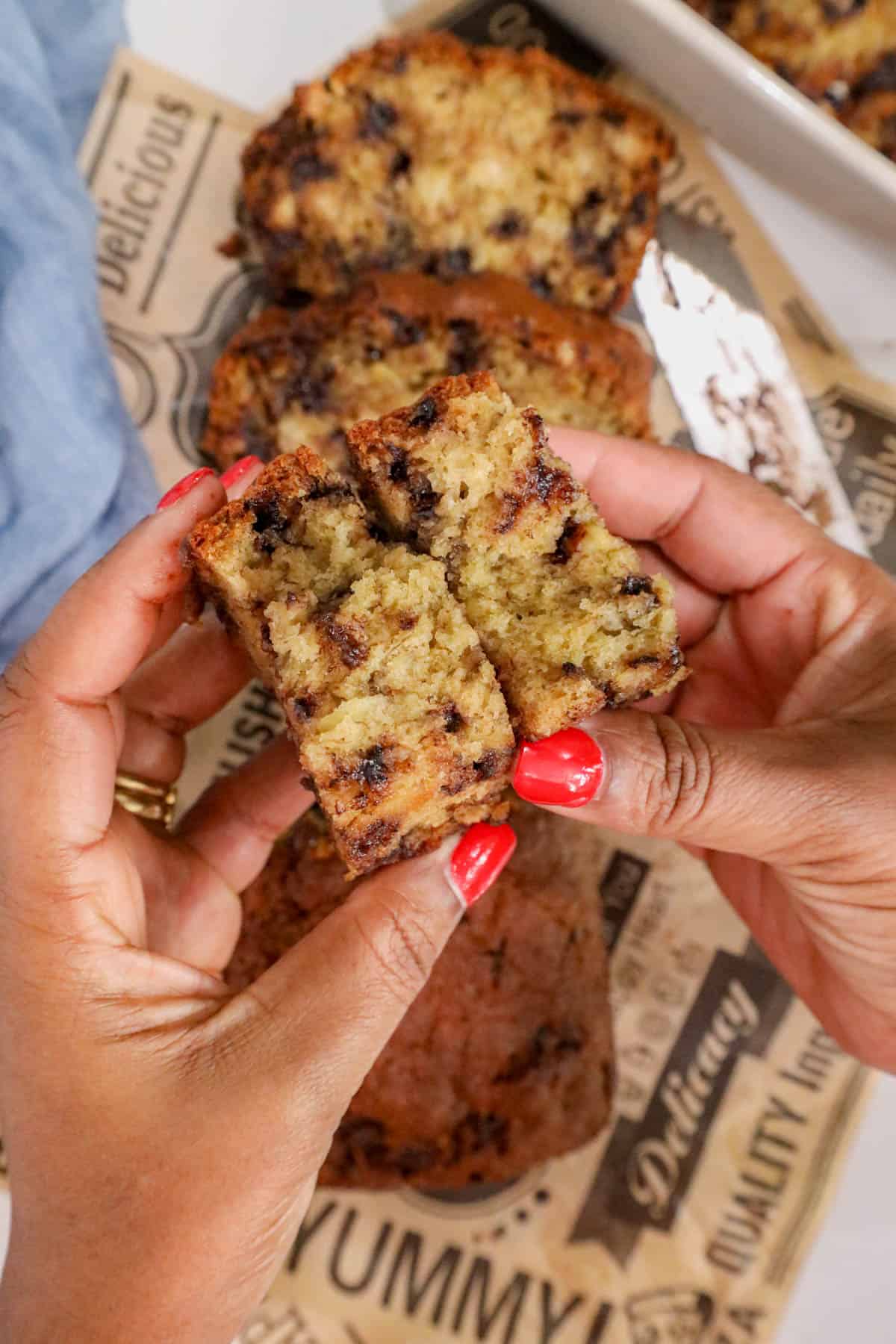 hand holding chocolate chip banana bread