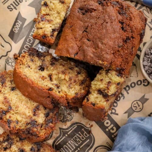air fryer banana bread with chocolate chip on parchment paper