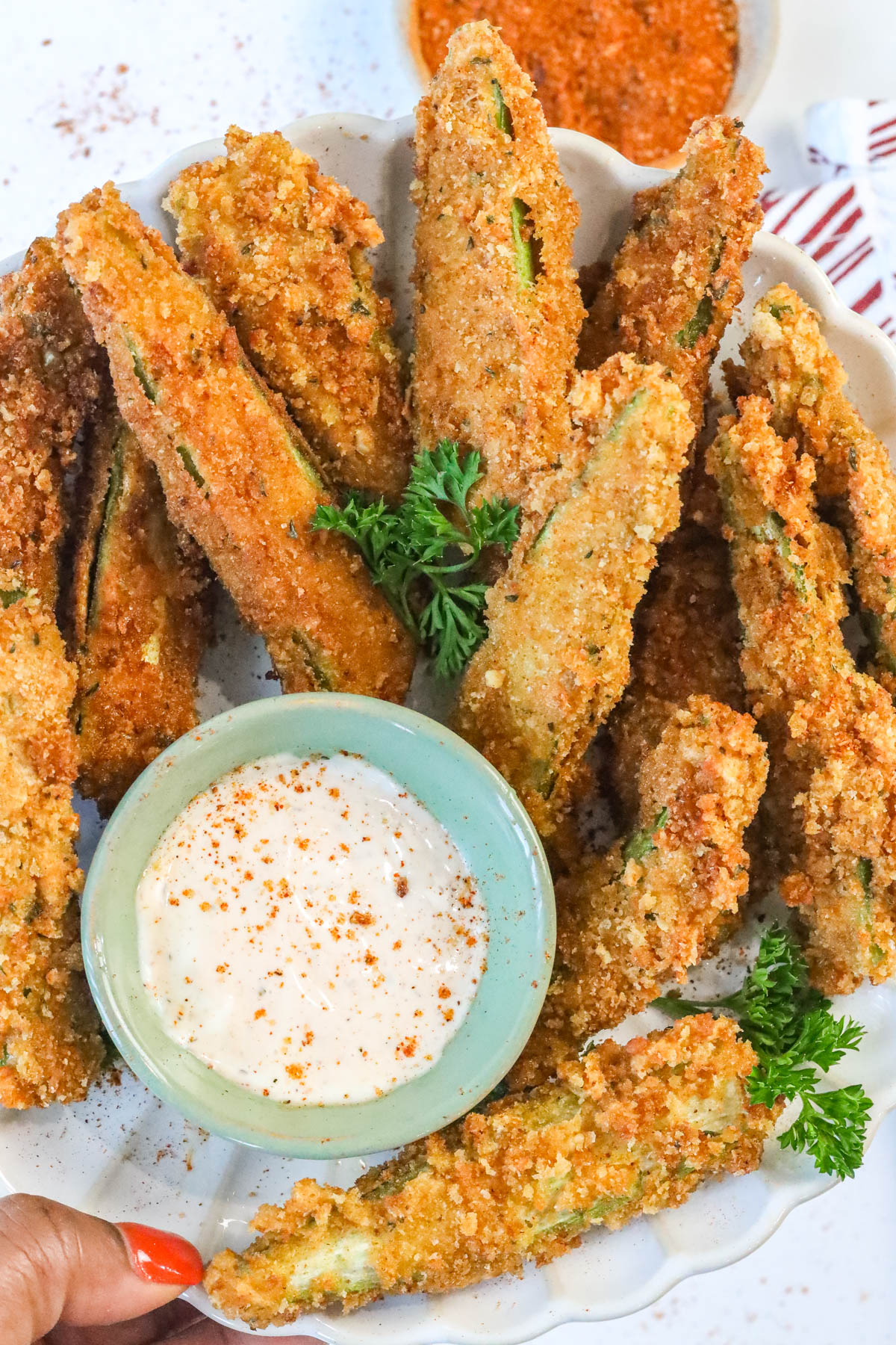 deep fried okra in white plate