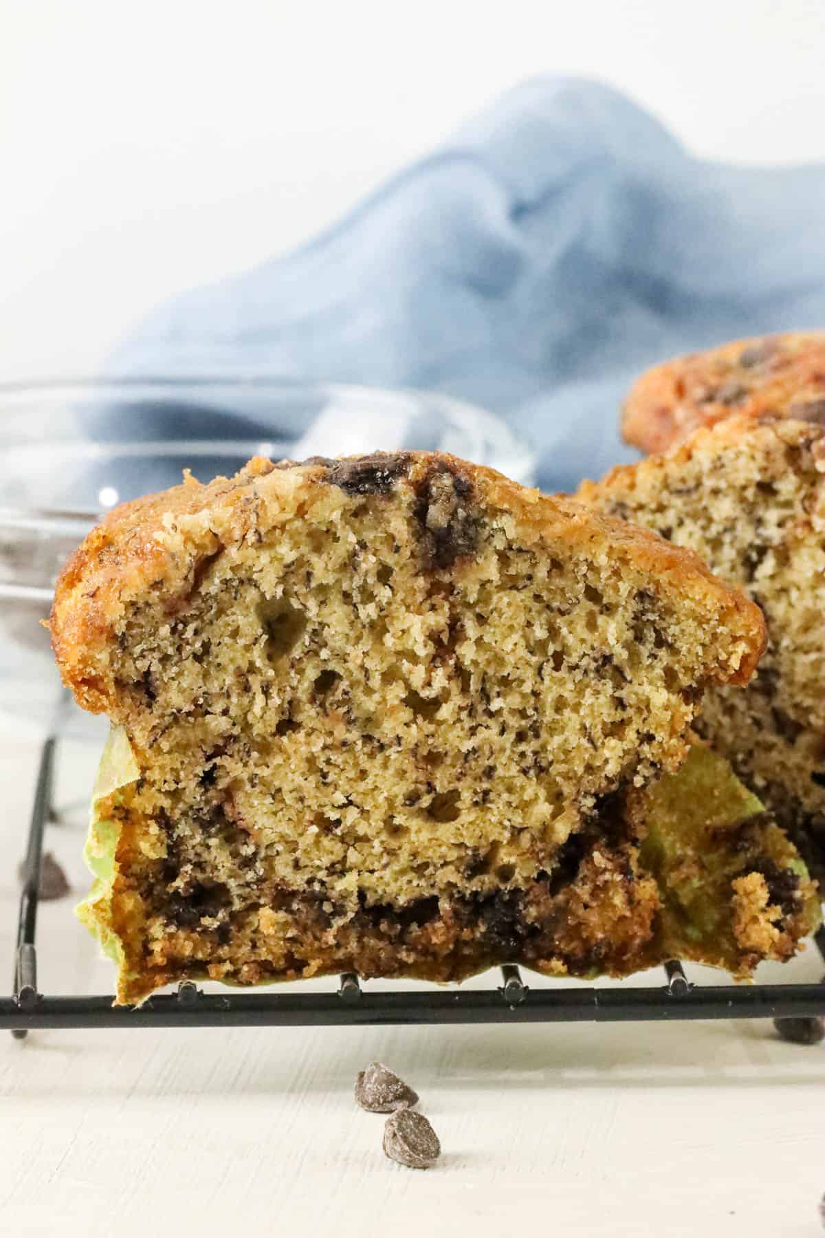Moist Chocolate Chip Banana Muffin cut in half