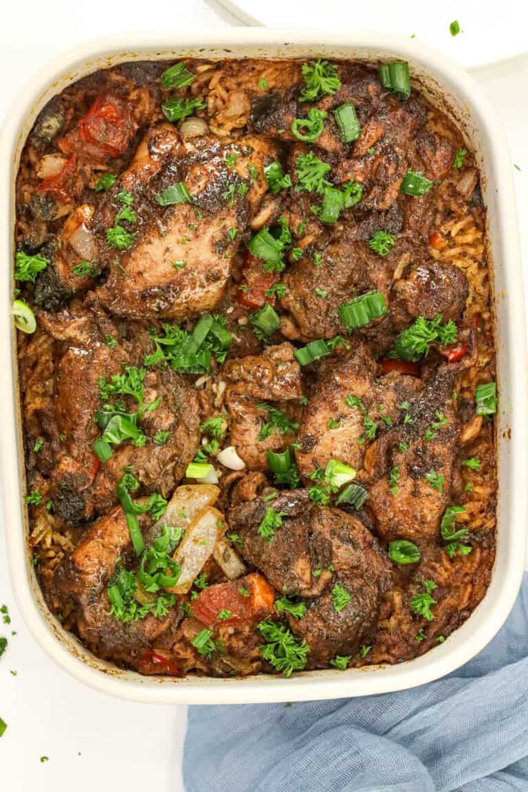 Jerk Chicken and Rice (Air Fryer) topped with green onions